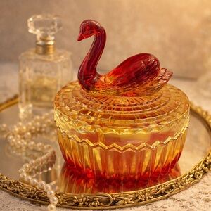 Vintage Jeanette Glass Amberina Swan Powder Jar with Lipstick Holder.